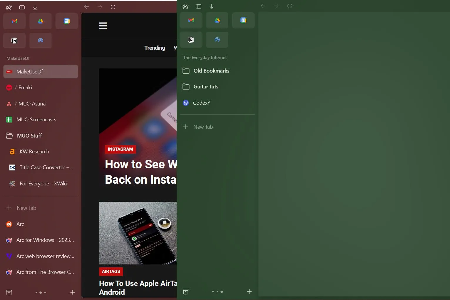 Giao diện trình duyệt Arc với tính năng Spaces và tab dọc trên Windows
