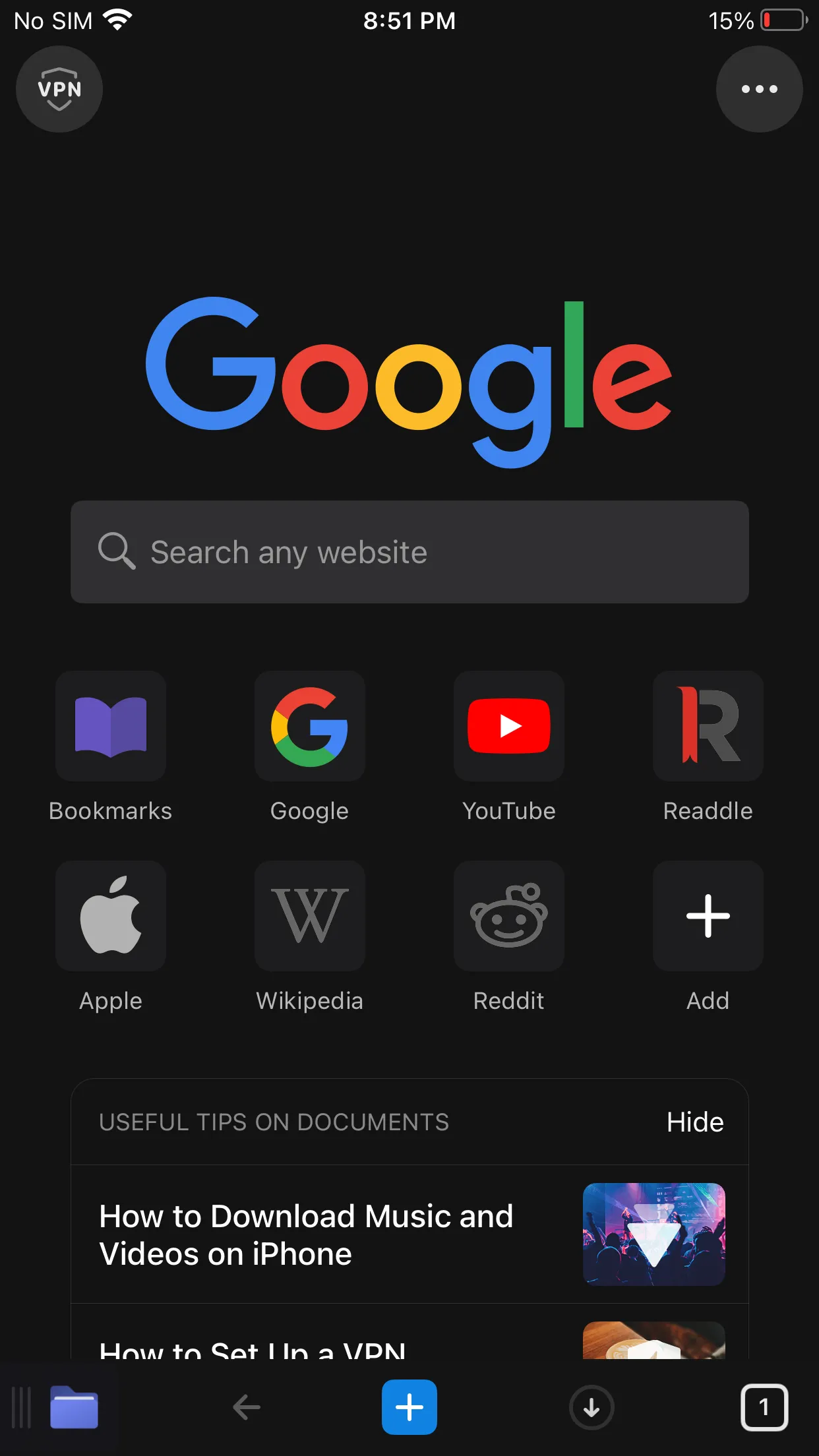 Giao diện trình duyệt web tích hợp trong ứng dụng Documents trên iPhone, cho phép duyệt web và tải file