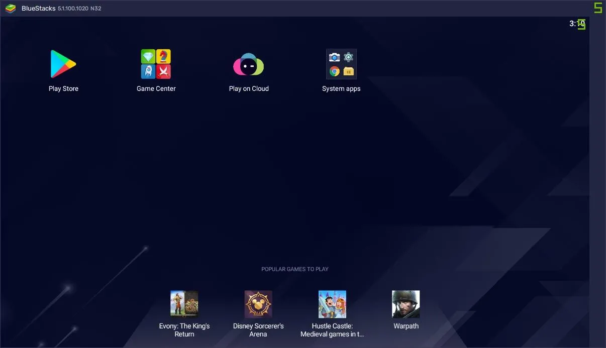 Giao diện trình giả lập BlueStacks chạy ứng dụng Android trên Windows 10