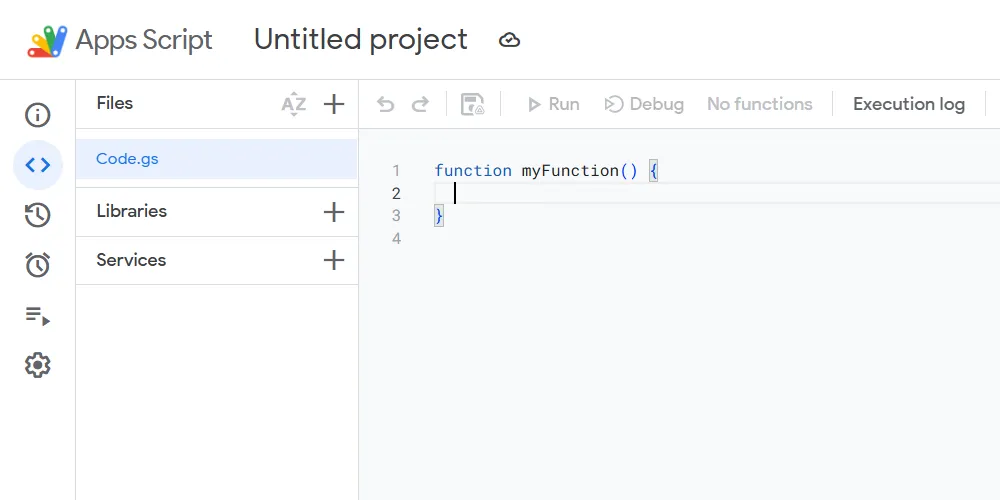 Giao diện trình soạn thảo Google Apps Script trực quan trên nền tảng đám mây.
