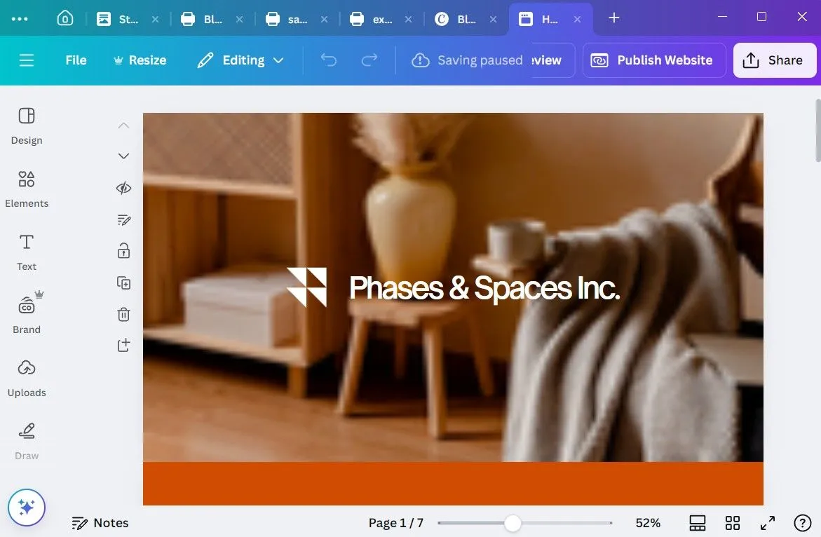 Giao diện trình xây dựng website của Canva