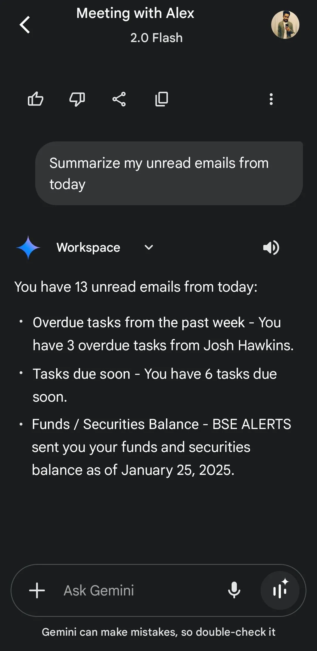 Giao diện trợ lý AI Gemini đang tóm tắt các email chưa đọc từ Gmail, minh họa khả năng tích hợp sâu của Gemini với hệ sinh thái Google