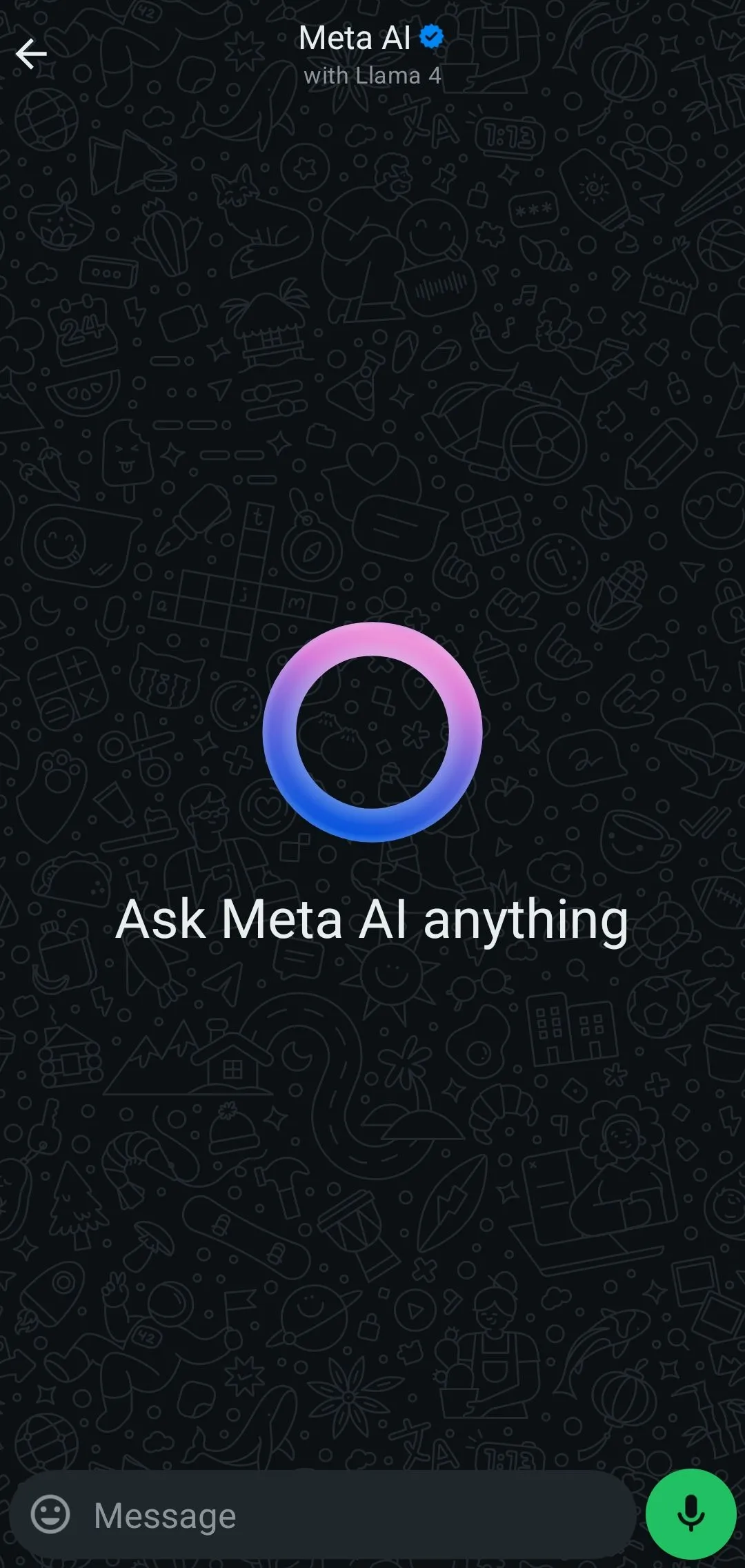 Giao diện trống của Meta AI trong ứng dụng WhatsApp, thể hiện sự xuất hiện của nút AI.