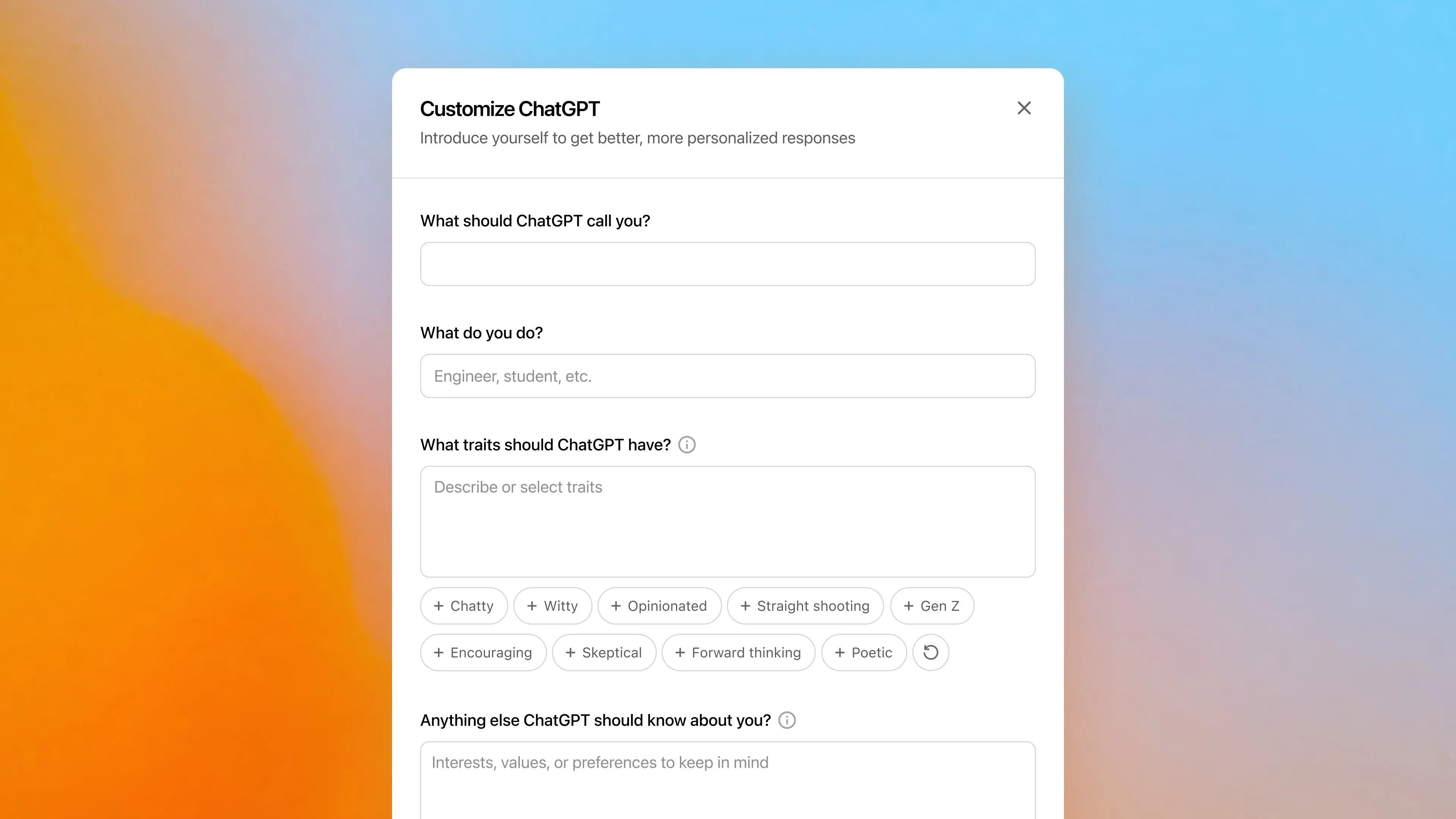 Giao diện tùy chỉnh Custom Instructions của ChatGPT trên nền web.
