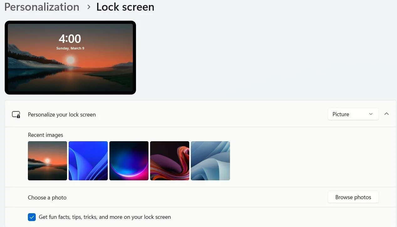 Giao diện tùy chỉnh màn hình khóa trên Windows 11, giúp người dùng cá nhân hóa hiển thị.