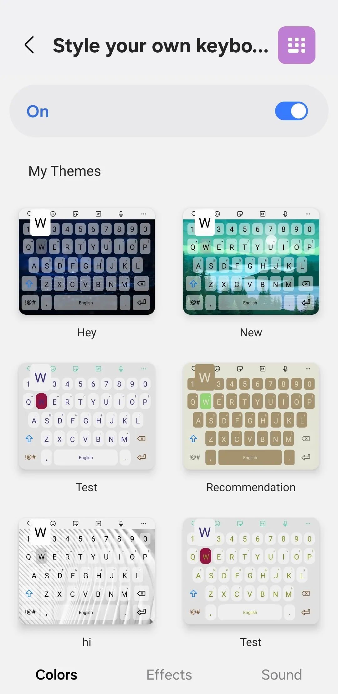 Giao diện tùy chỉnh màu sắc bàn phím trong ứng dụng Keys Cafe của Samsung