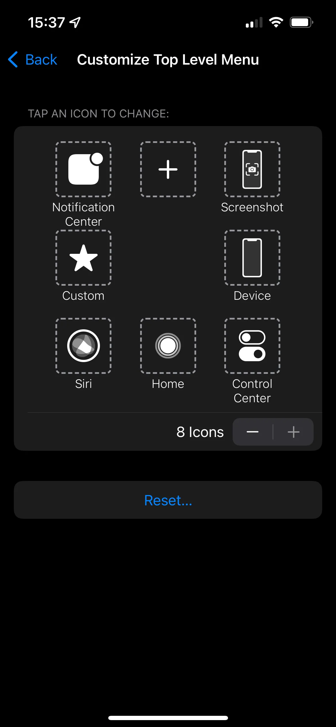 Giao diện tùy chỉnh menu AssistiveTouch trên iPhone để thêm chức năng chụp màn hình.