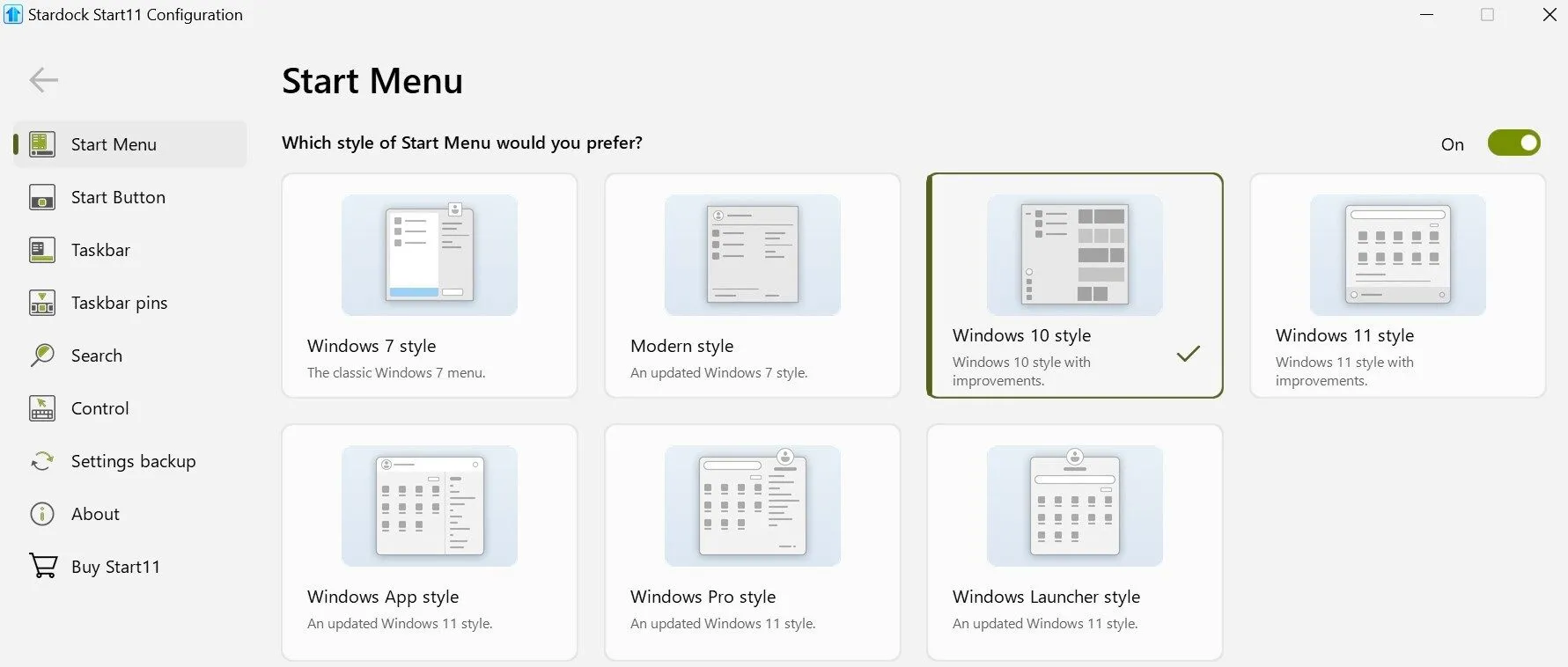Giao diện tùy chỉnh Start Menu bằng công cụ bên thứ ba, hiển thị tùy chọn kiểu Windows 10.