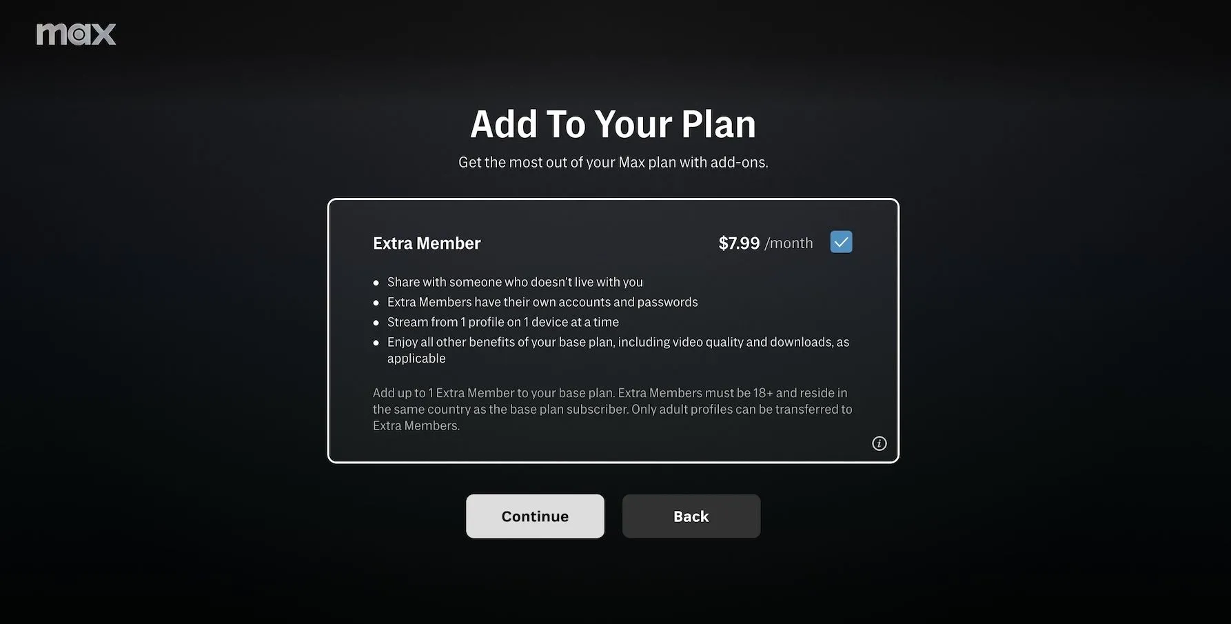 Giao diện tùy chọn chia sẻ tài khoản Max với tính năng Extra Member Add-On