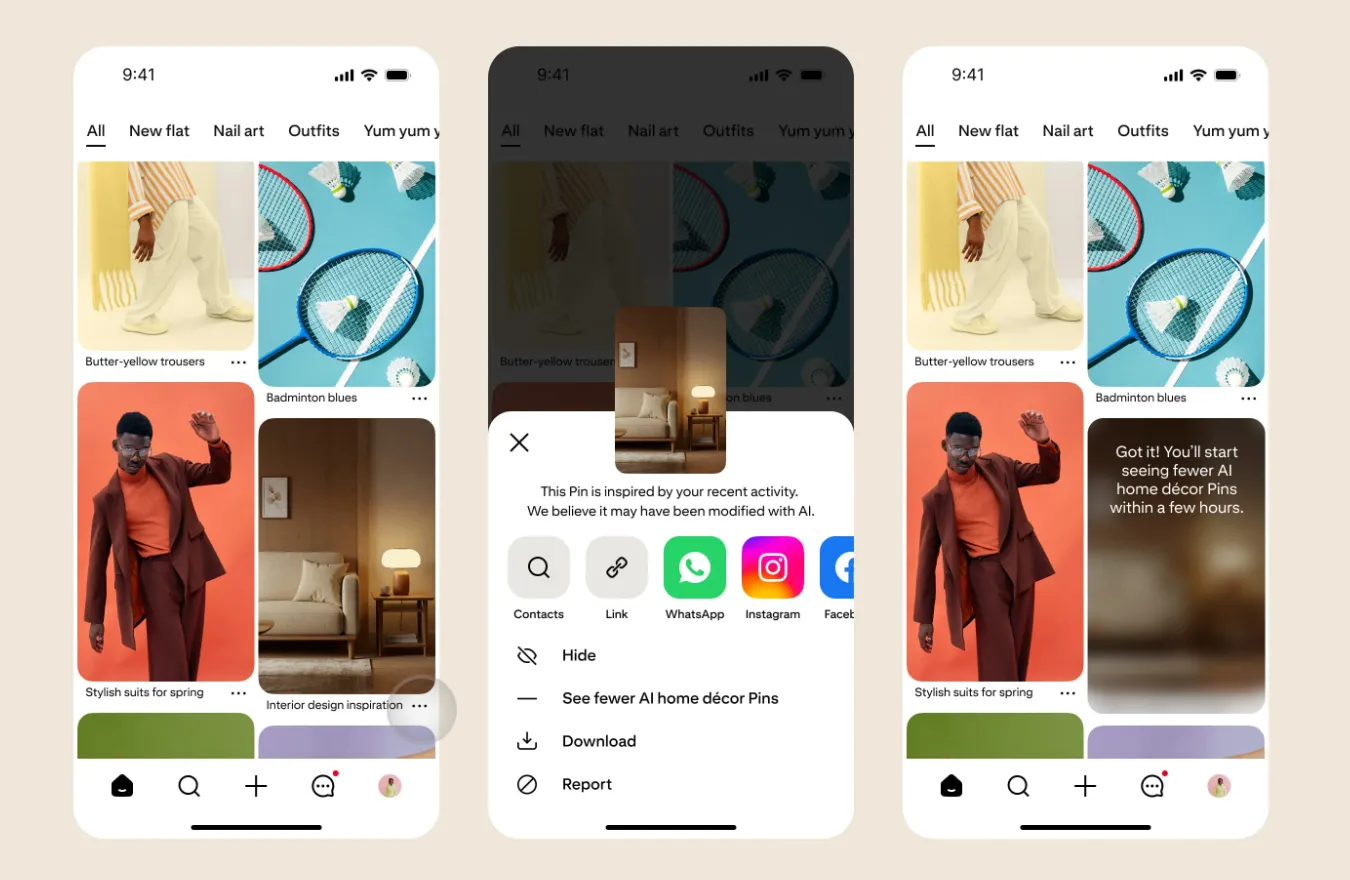 Giao diện tùy chọn giảm hiển thị ảnh AI trên Pinterest giúp lọc nội dung