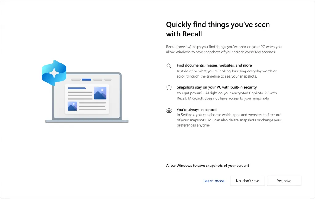 Giao diện tùy chọn tính năng Microsoft Recall với giải thích