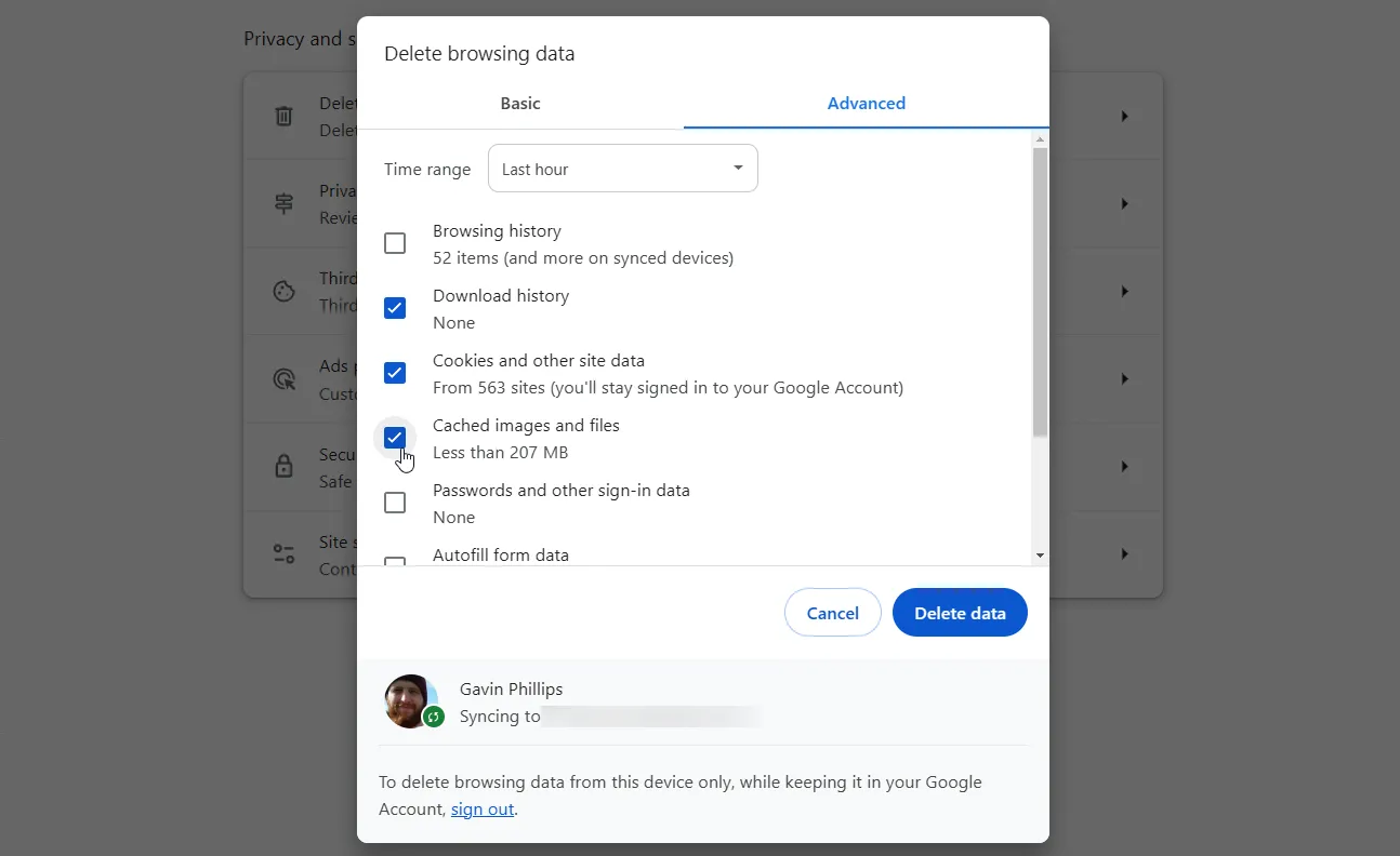 Giao diện tùy chọn xóa bộ nhớ đệm và cookie trên trình duyệt Google Chrome