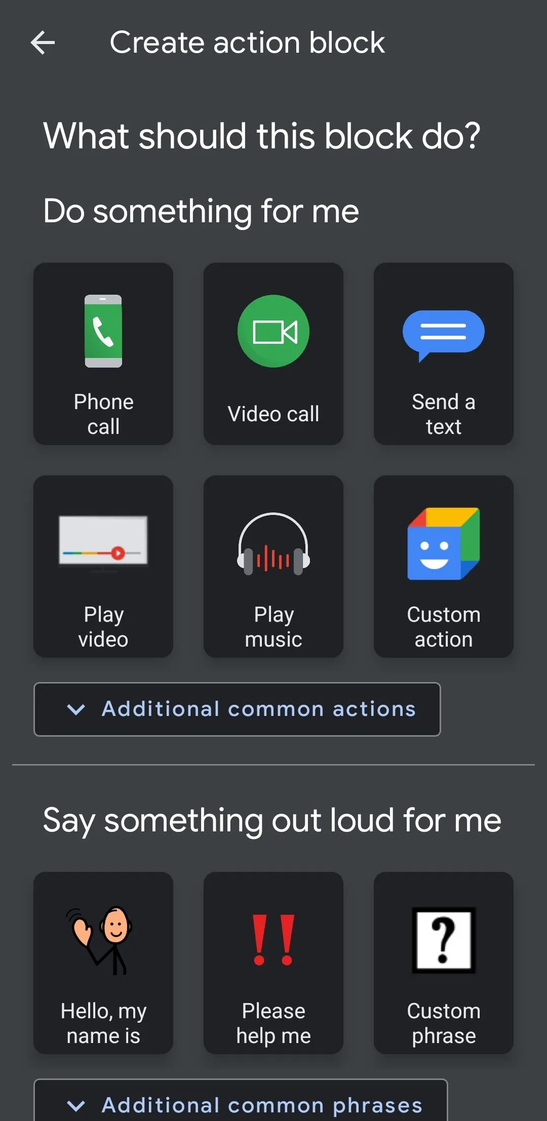 Giao diện ứng dụng Action Blocks của Google, cho phép tạo các nút lệnh nhanh cho trợ lý ảo trên Android