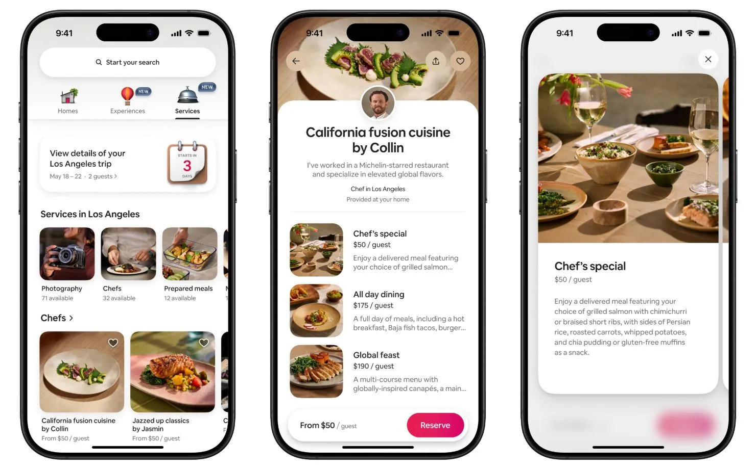 Giao diện ứng dụng Airbnb hiển thị các dịch vụ mới như đầu bếp riêng, spa và huấn luyện viên cá nhân.