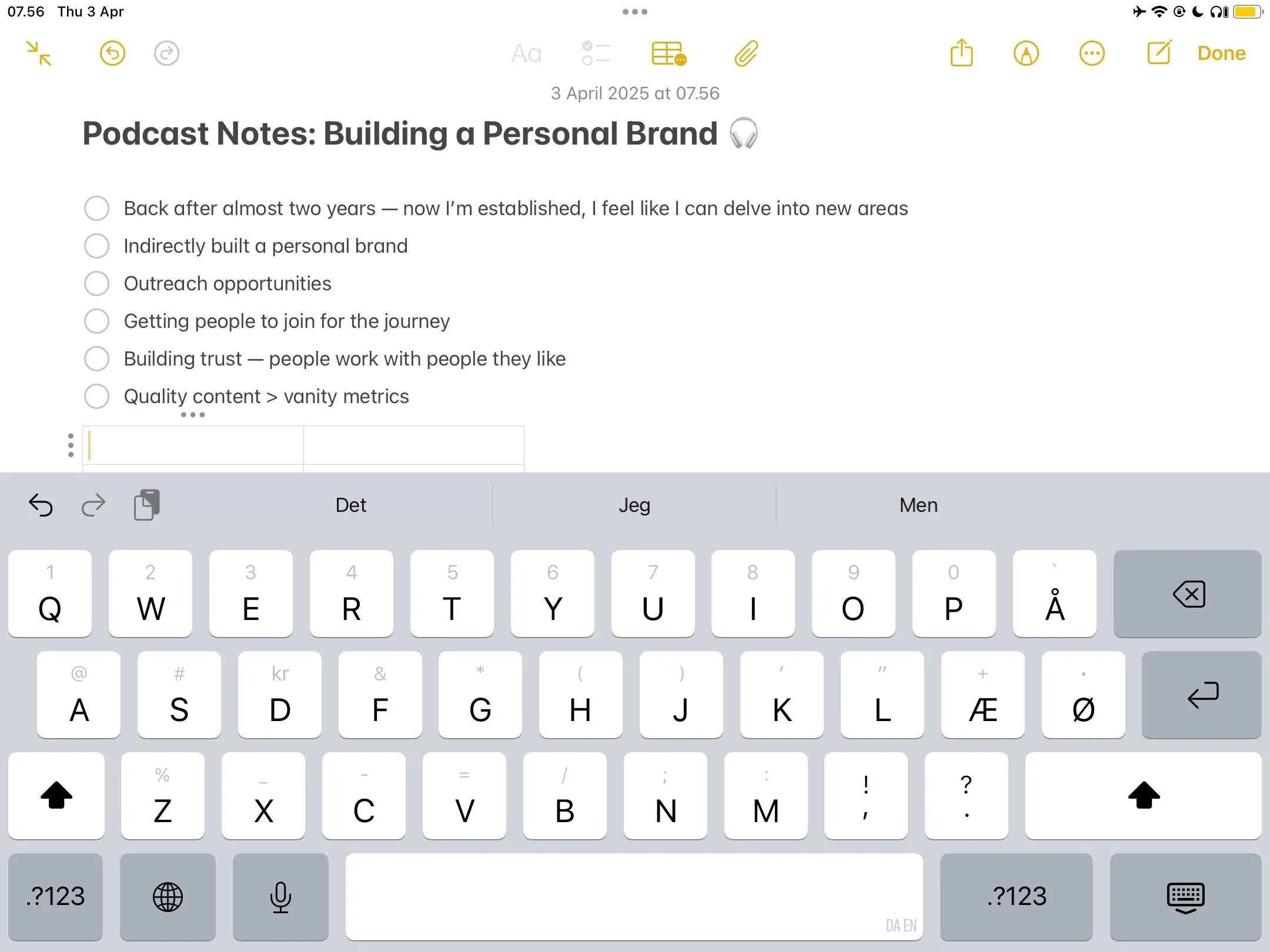 Giao diện ứng dụng Apple Notes đang được sử dụng để ghi chú