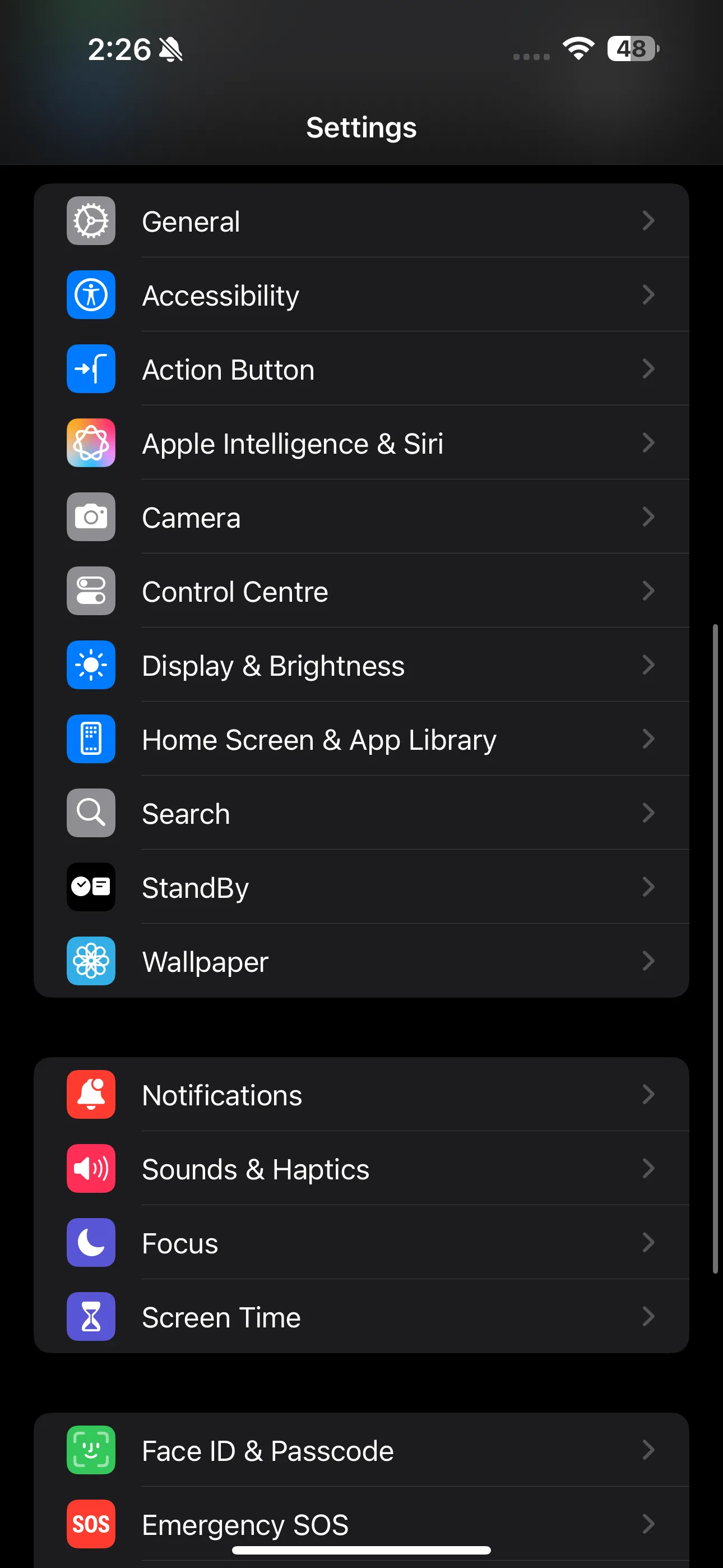 Giao diện ứng dụng Cài đặt (Settings) trên iPhone, cho phép truy cập các tùy chỉnh hệ thống, bao gồm Screen Time.