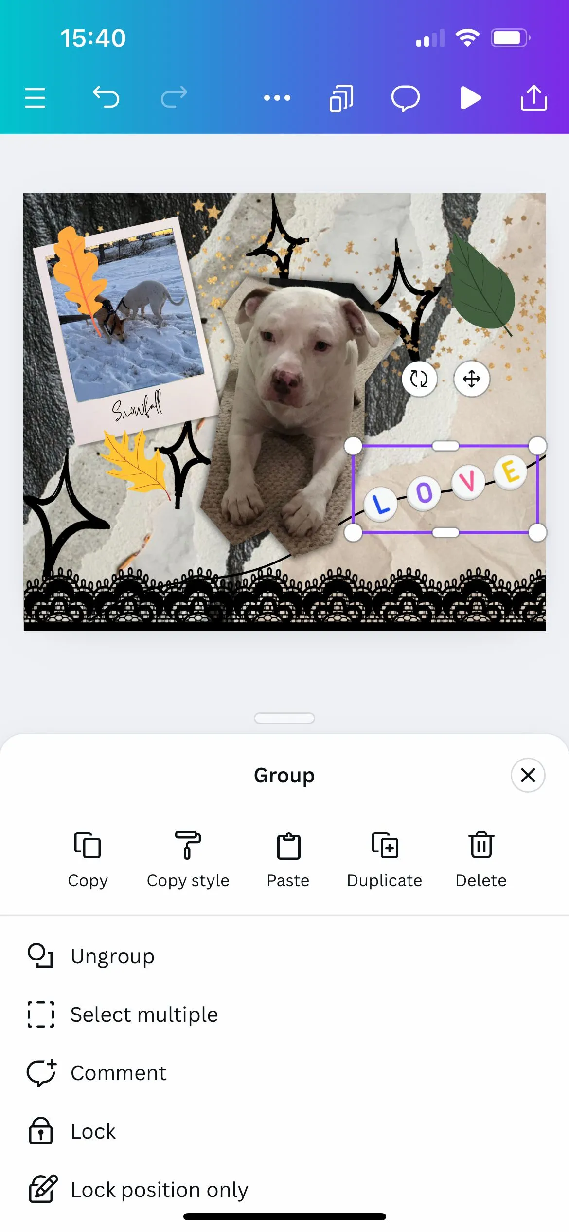 Giao diện ứng dụng Canva khi bỏ nhóm các đối tượng đã được nhóm