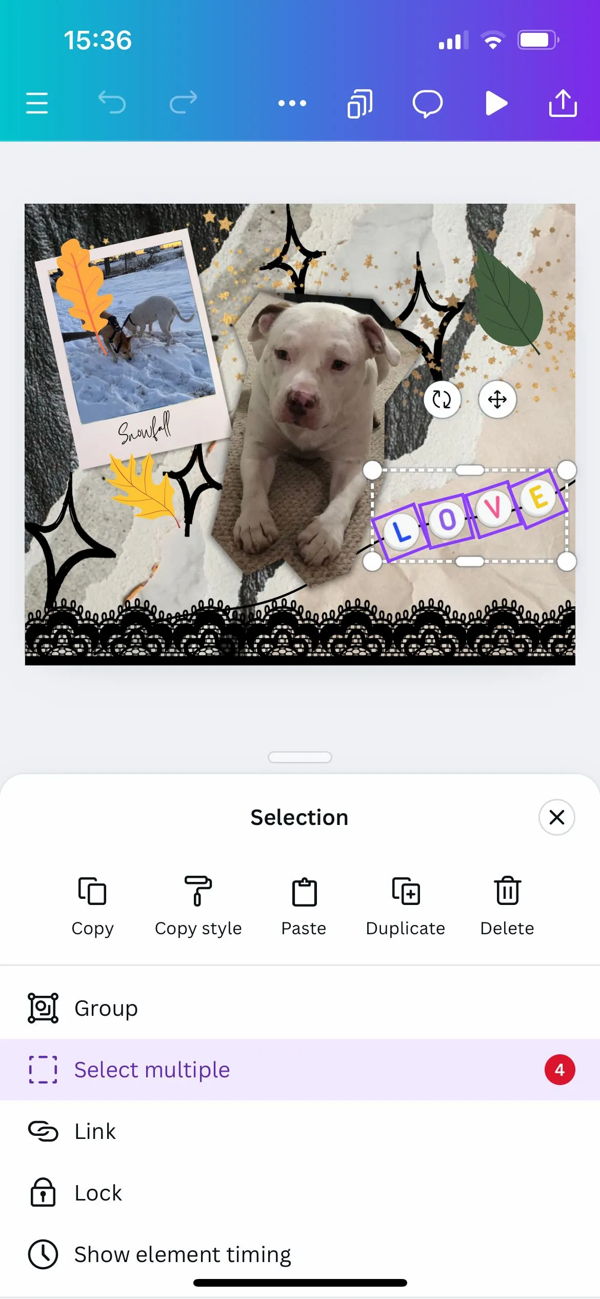 Giao diện ứng dụng Canva với nhiều đối tượng được chọn và hộp giới hạn màu tím