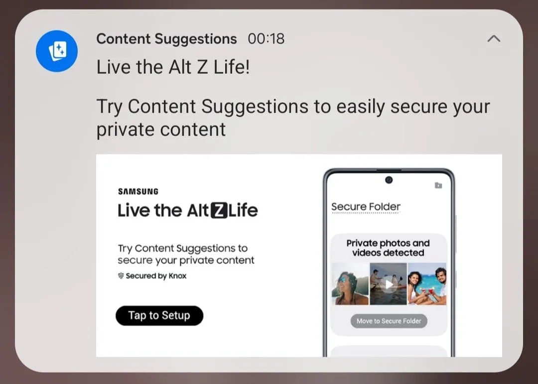Giao diện ứng dụng Content Suggestions trên điện thoại Samsung hiển thị các loại nội dung riêng tư được gợi ý chuyển vào Thư mục Bảo mật.