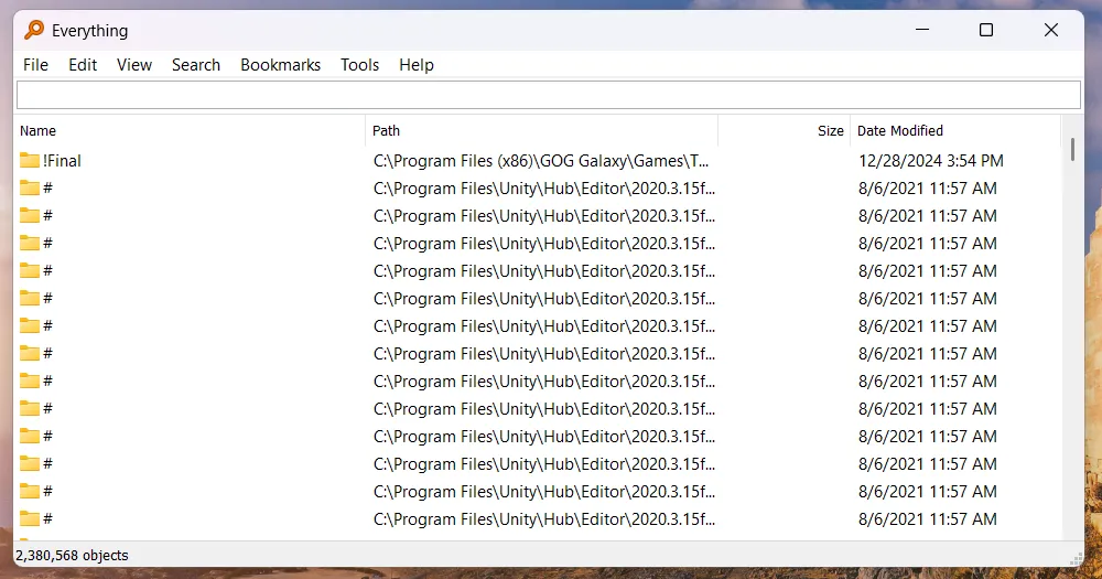 Giao diện ứng dụng Everything trên Windows, hiển thị kết quả tìm kiếm file và thư mục siêu nhanh.