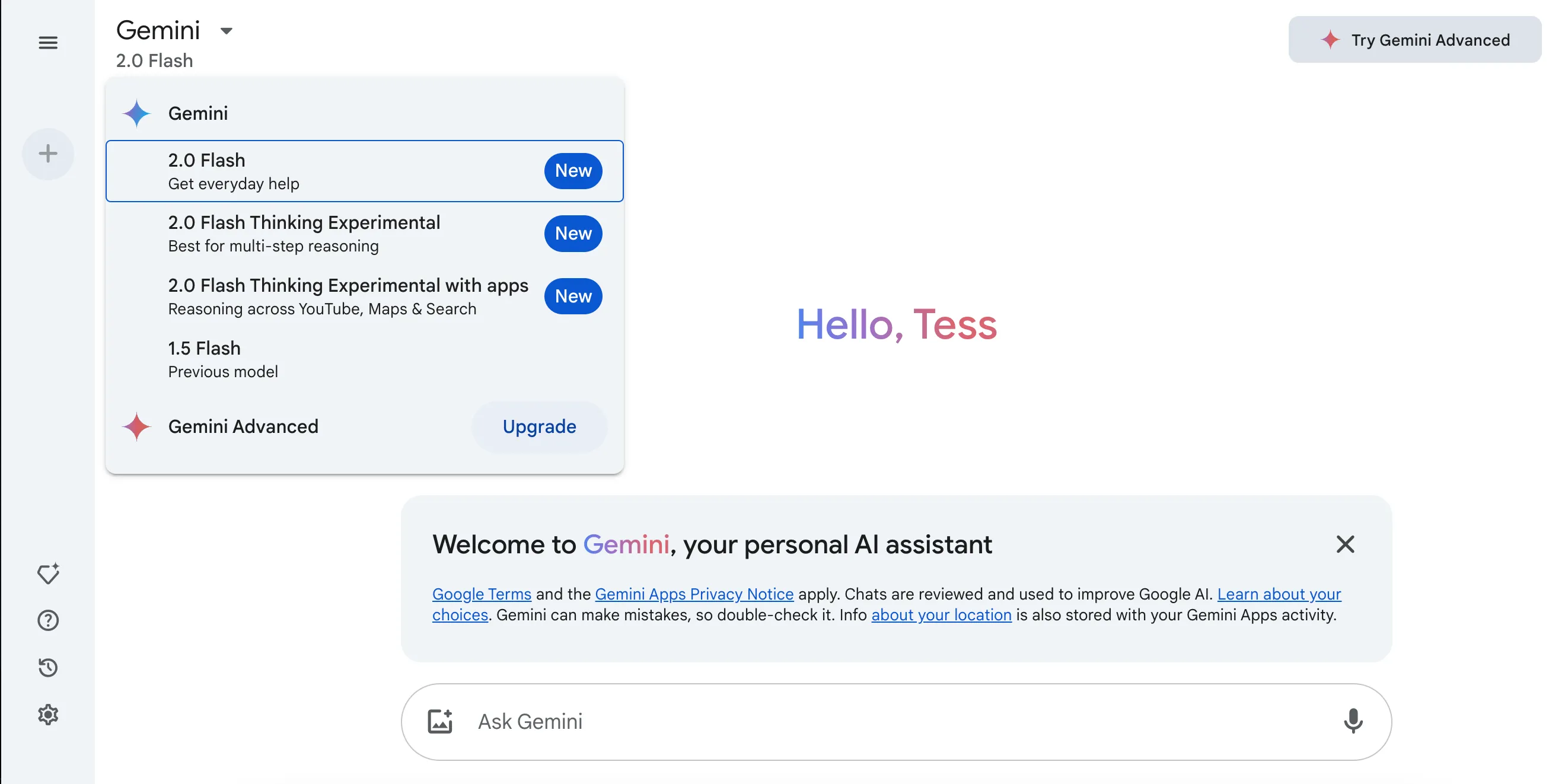 Giao diện ứng dụng Gemini trên web hiển thị danh sách các mô hình AI có thể lựa chọn