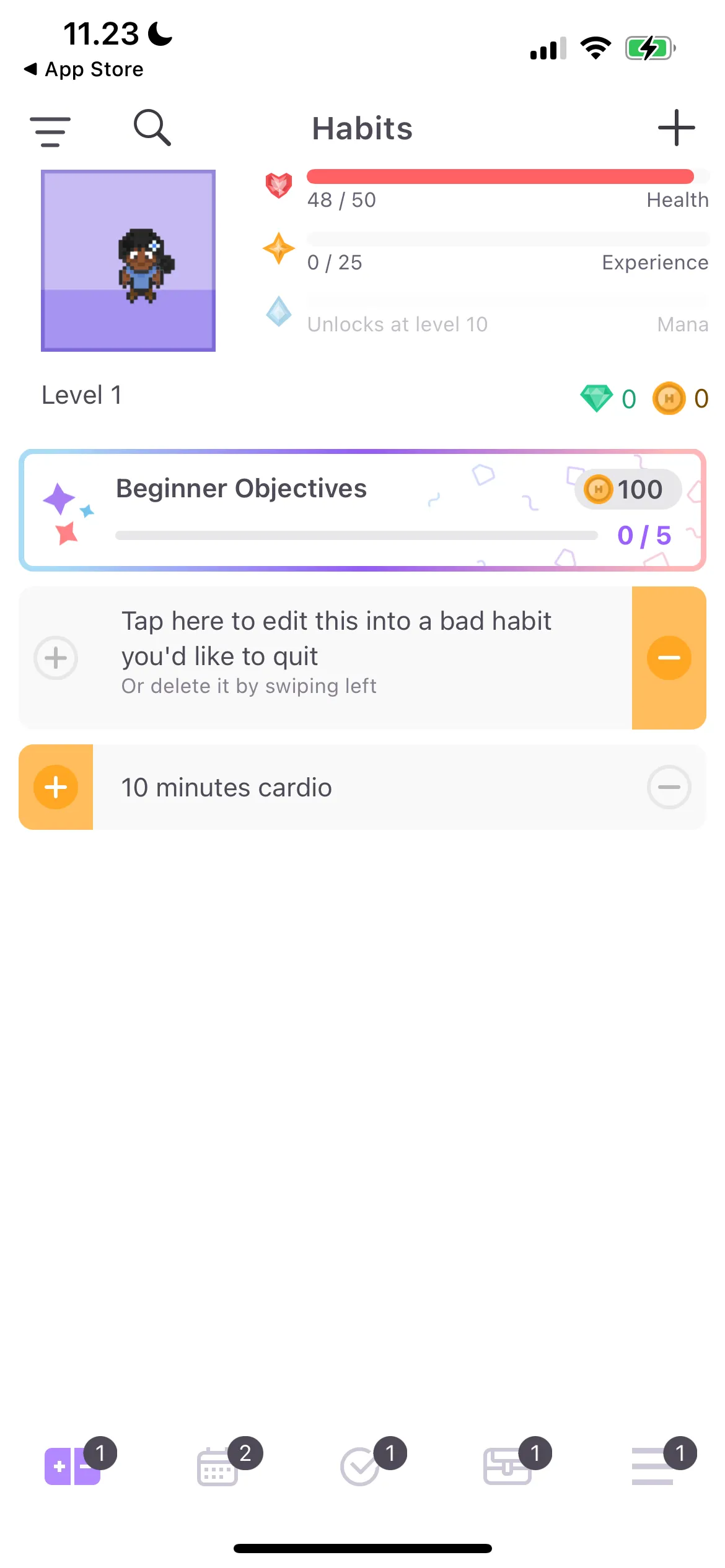 Giao diện ứng dụng Habitica với các nhiệm vụ và nhân vật RPG