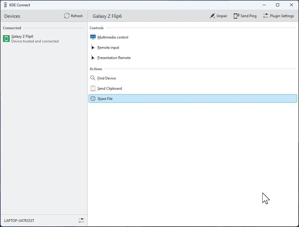 Giao diện ứng dụng KDE Connect đang mở trên Windows 11, minh họa khả năng kết nối đa nền tảng.