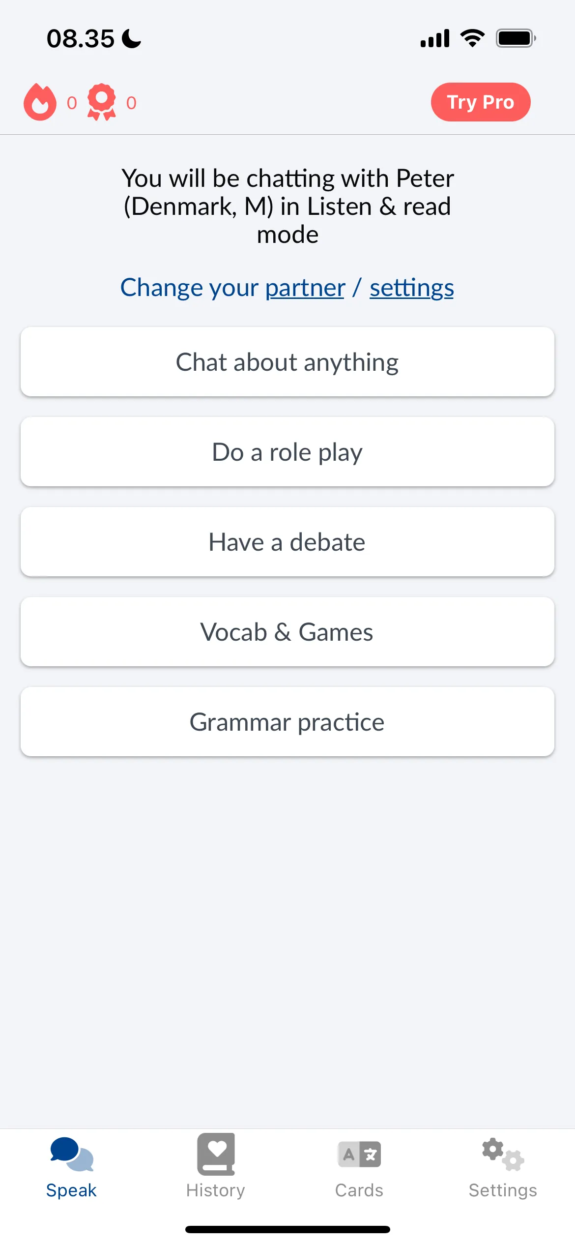Giao diện ứng dụng LanguaTalk trên iOS, hiển thị chức năng học ngôn ngữ bằng AI