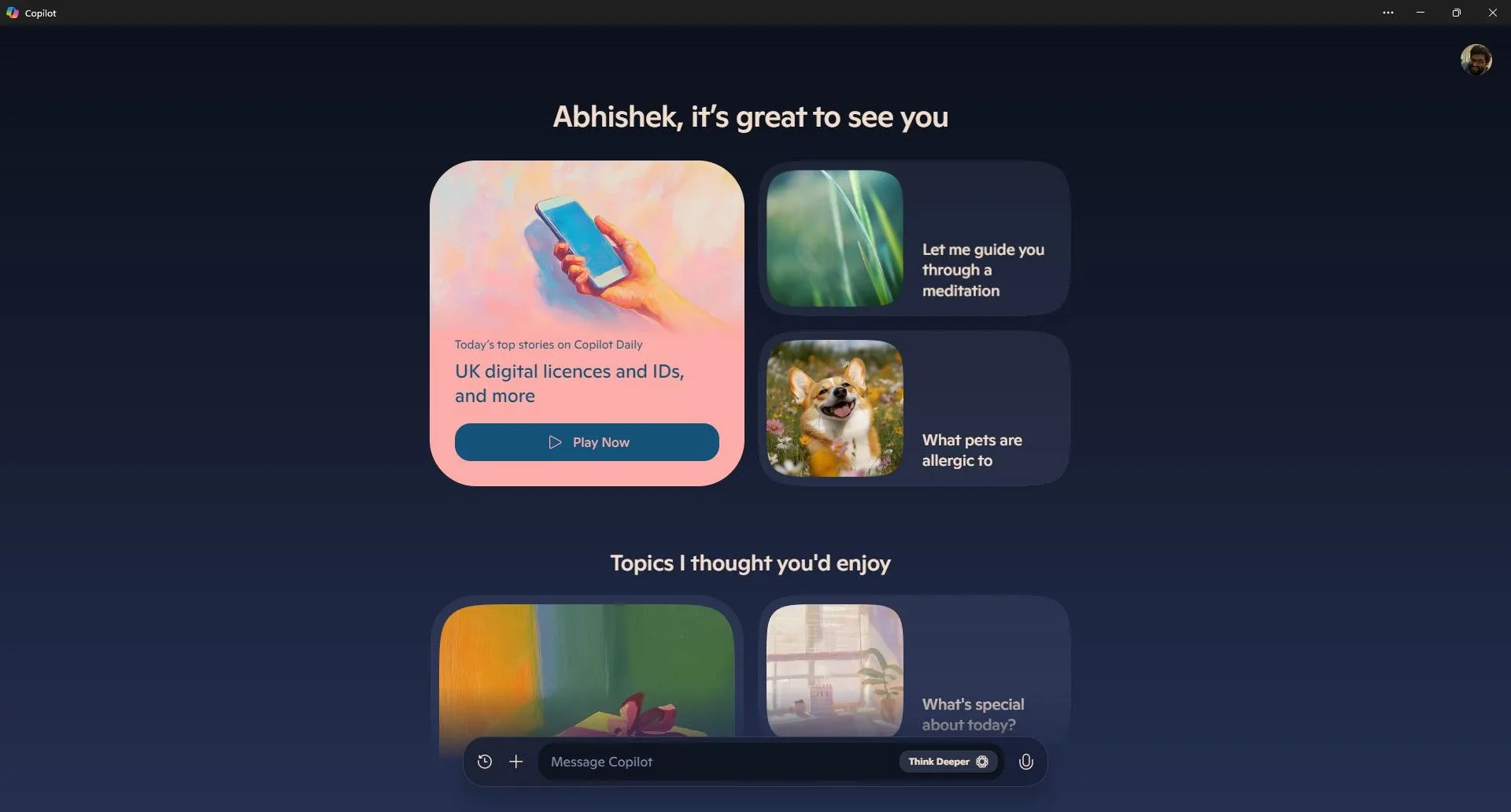 Giao diện ứng dụng Microsoft Copilot đang mở trên hệ điều hành Windows 11