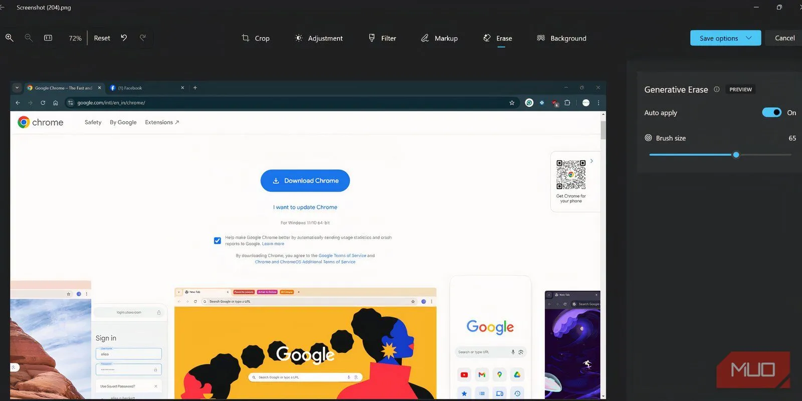 Giao diện ứng dụng Microsoft Photos với công cụ Generative Erase được chọn, sẵn sàng xóa đối tượng
