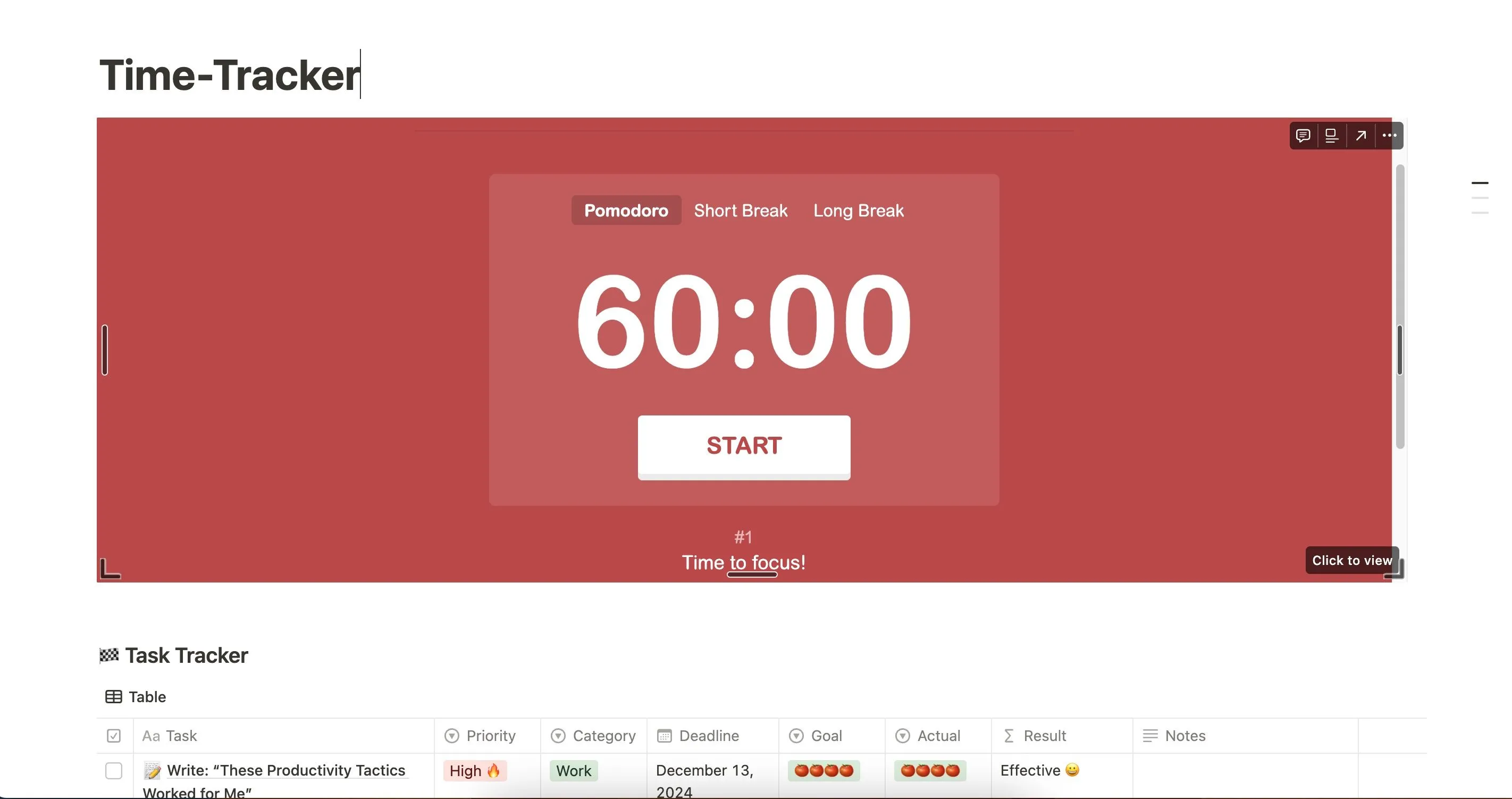 Giao diện ứng dụng Notion với bộ đếm Pomodoro được đặt 60 phút để tăng năng suất làm việc