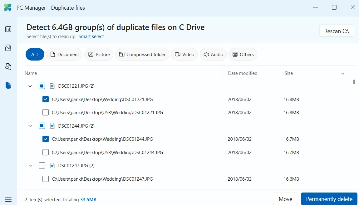 Giao diện ứng dụng PC Manager của Microsoft giúp tìm và xóa file trùng lặp trên Windows