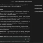 Giao diện ứng dụng Perplexity AI hiển thị danh sách các máy pha cà phê, minh họa khả năng tìm kiếm thông tin sản phẩm chi tiết.