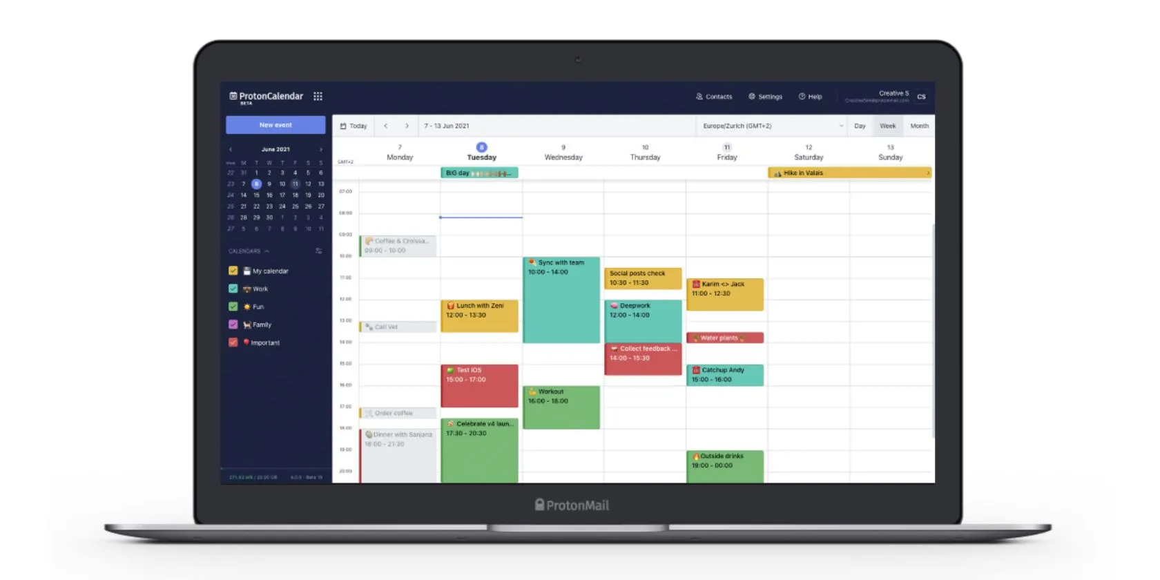 Giao diện ứng dụng Proton Calendar trên máy tính với các khối thời gian hiển thị lịch trình