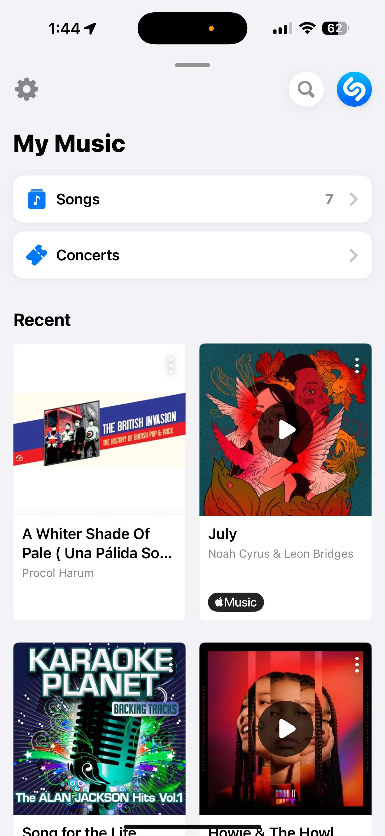 Giao diện ứng dụng Shazam hiển thị phần My Music với các bài hát đã nhận diện