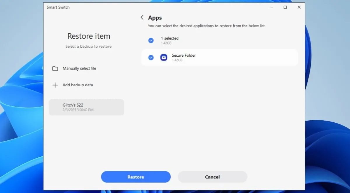 Giao diện ứng dụng Smart Switch trên PC hiển thị tùy chọn khôi phục dữ liệu