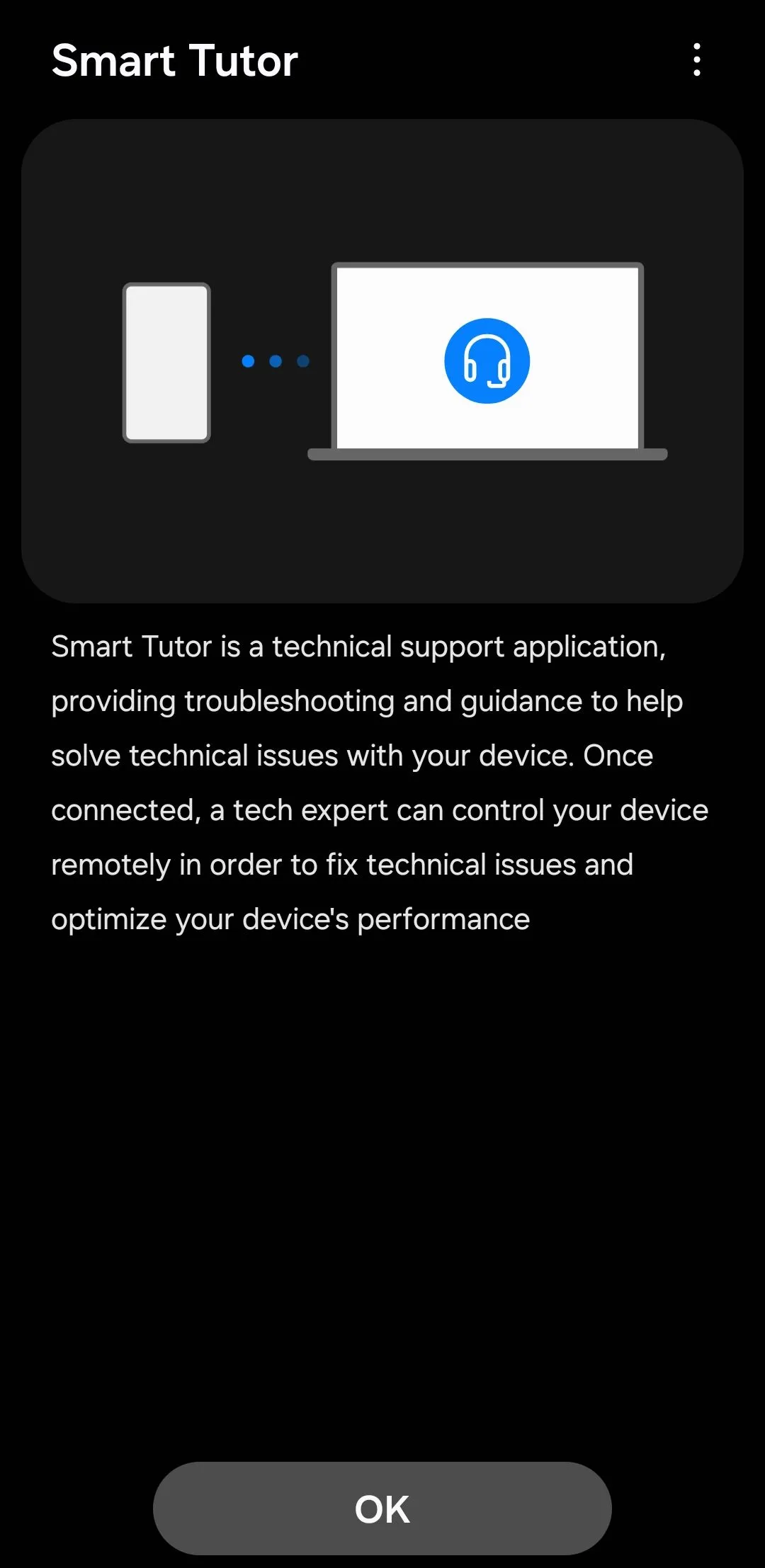 Giao diện ứng dụng Smart Tutor trên điện thoại Galaxy, hiển thị tùy chọn bắt đầu phiên hỗ trợ từ xa