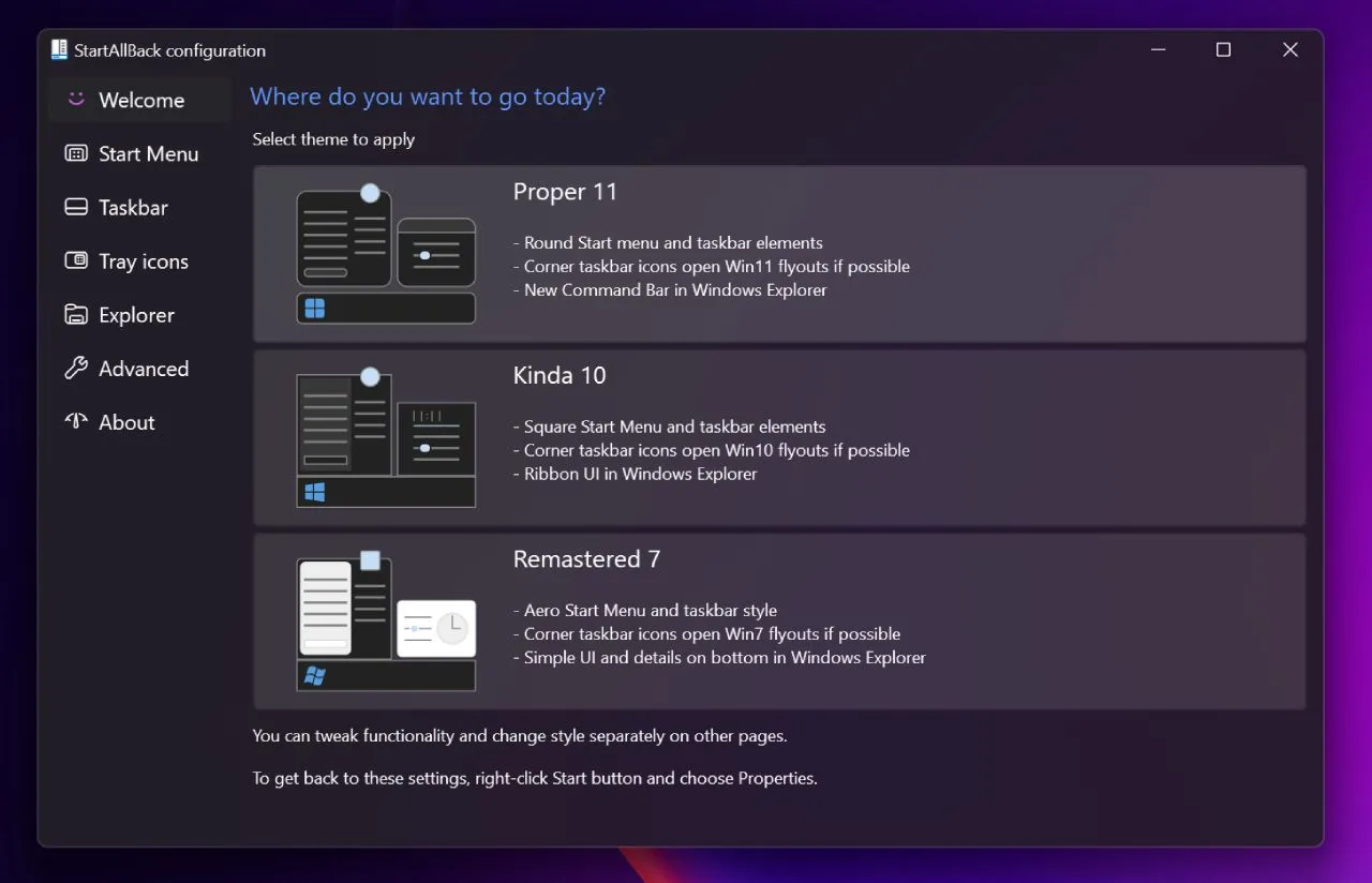 Giao diện ứng dụng Startallback trên Windows 11 cho phép tùy chỉnh Start Menu và thanh tác vụ