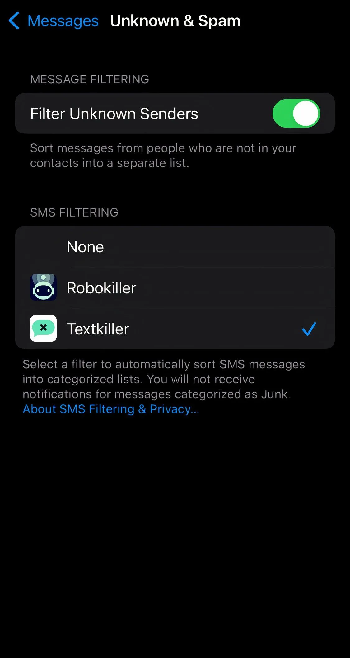 Giao diện ứng dụng TextKiller giúp lọc tin nhắn rác