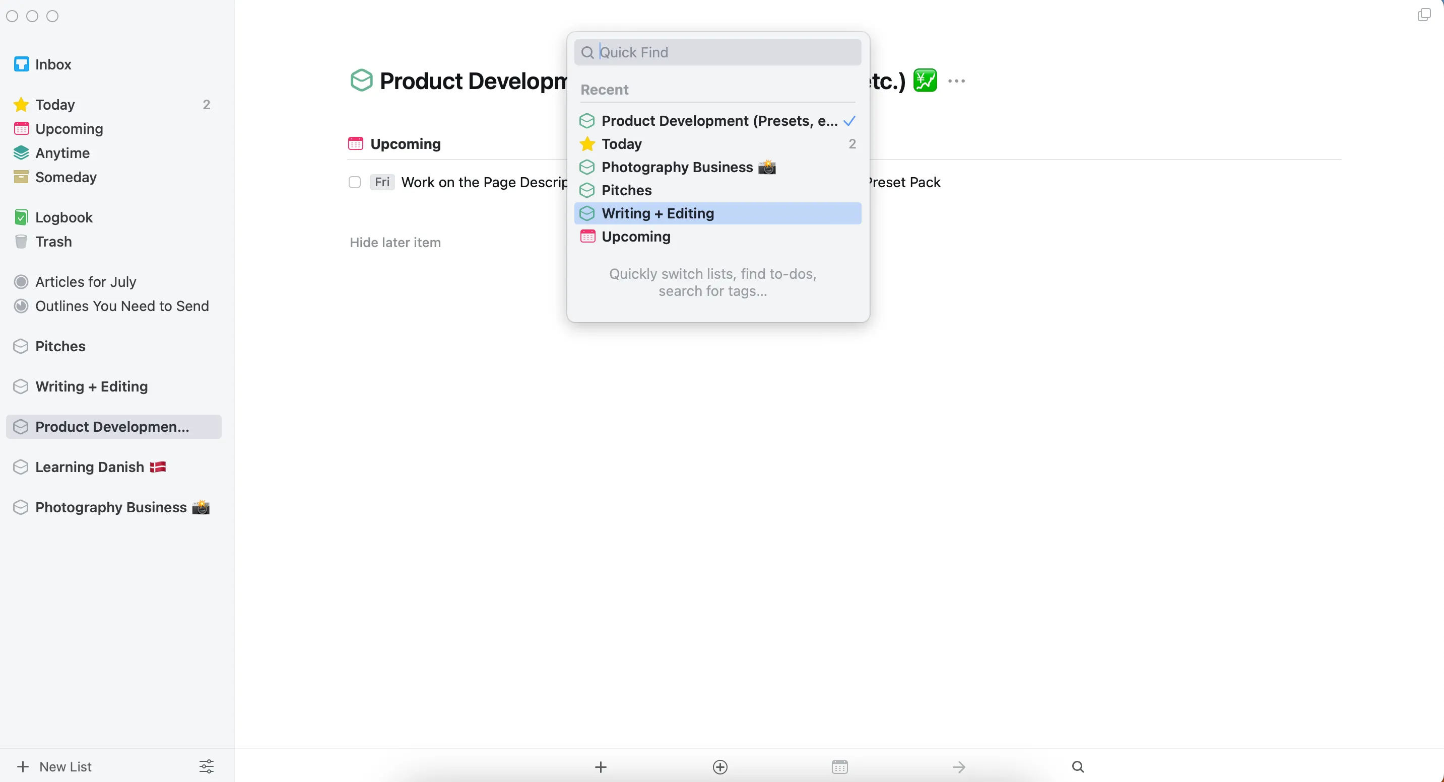 Giao diện ứng dụng Things 3 trên macOS với các danh sách công việc được tổ chức khoa học, thể hiện sự dễ sử dụng.