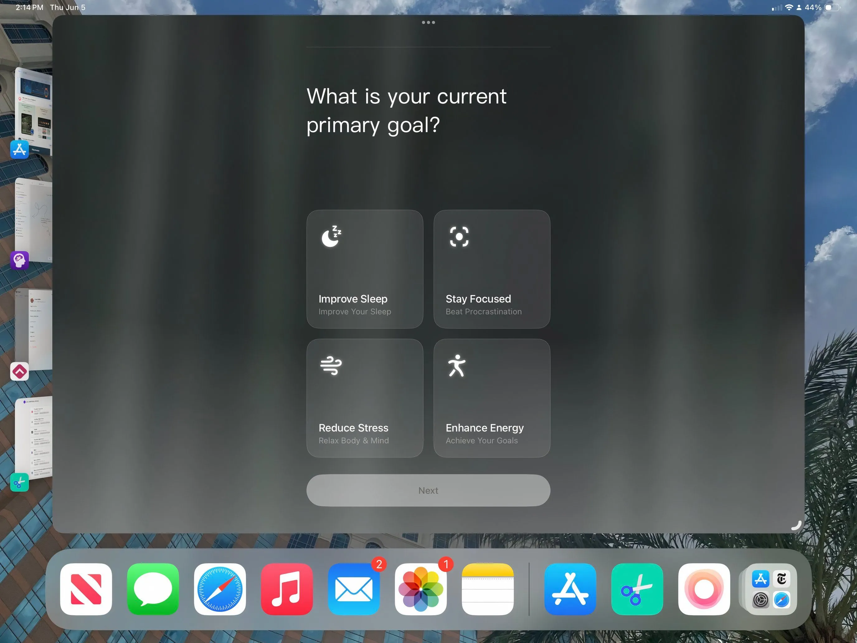 Giao diện ứng dụng TIDE trên iPad với tùy chọn thiền định và âm thanh thư giãn giúp tăng cường sự tập trung
