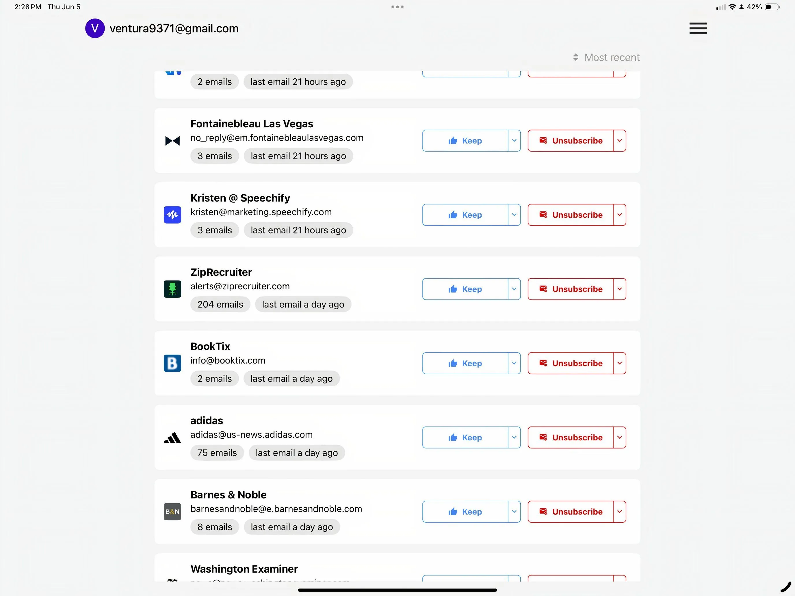 Giao diện ứng dụng Trimbox trên iPad giúp quản lý và hủy đăng ký email không mong muốn