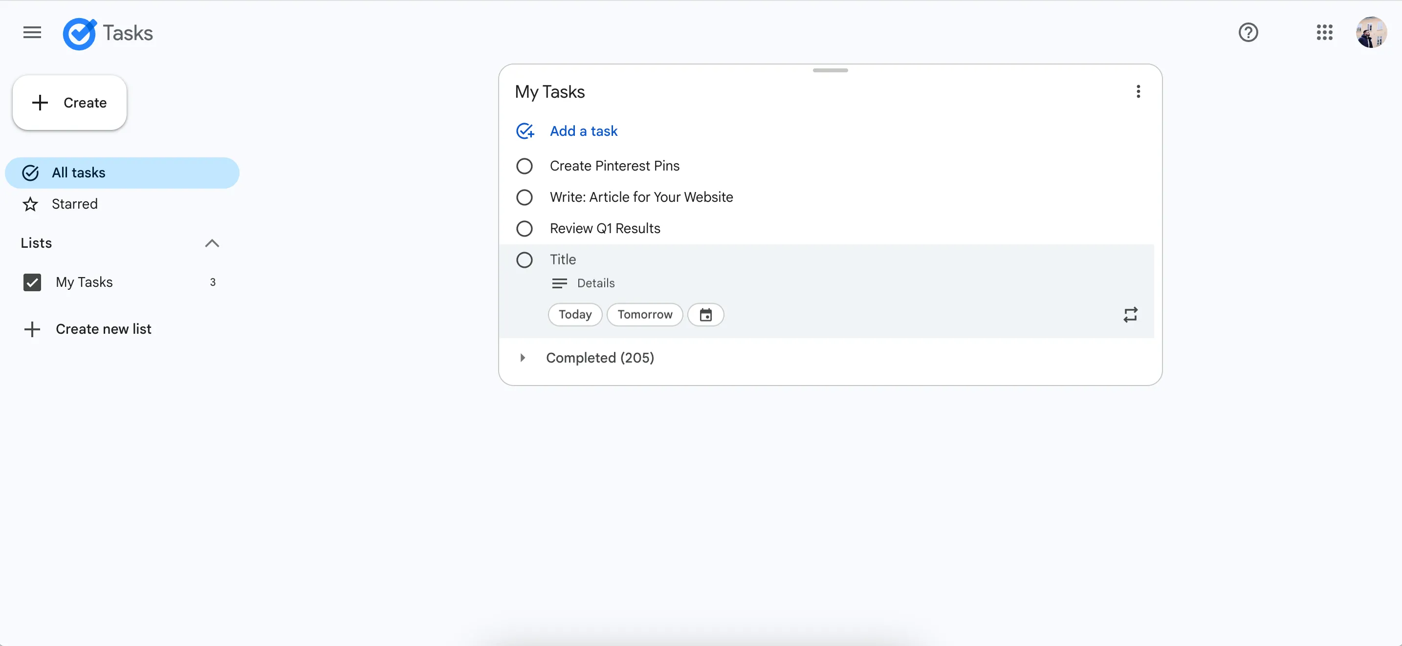 Giao diện ứng dụng web Google Tasks giúp người dùng lập kế hoạch công việc hàng ngày một cách đơn giản.