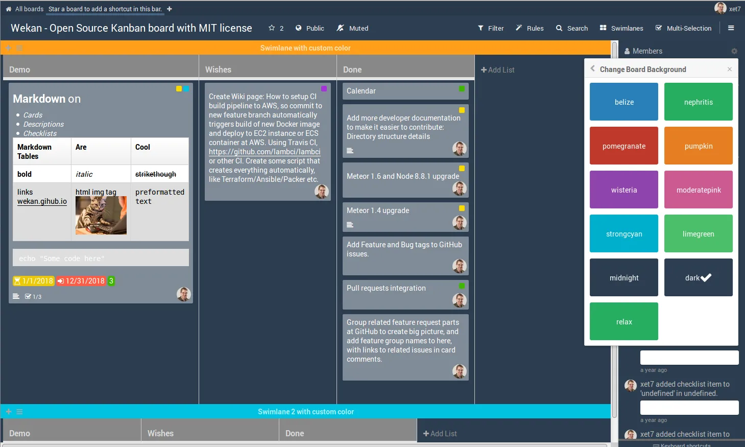 Giao diện ứng dụng web WeKan với bảng Kanban đang mở, minh họa cách quản lý tác vụ trực quan
