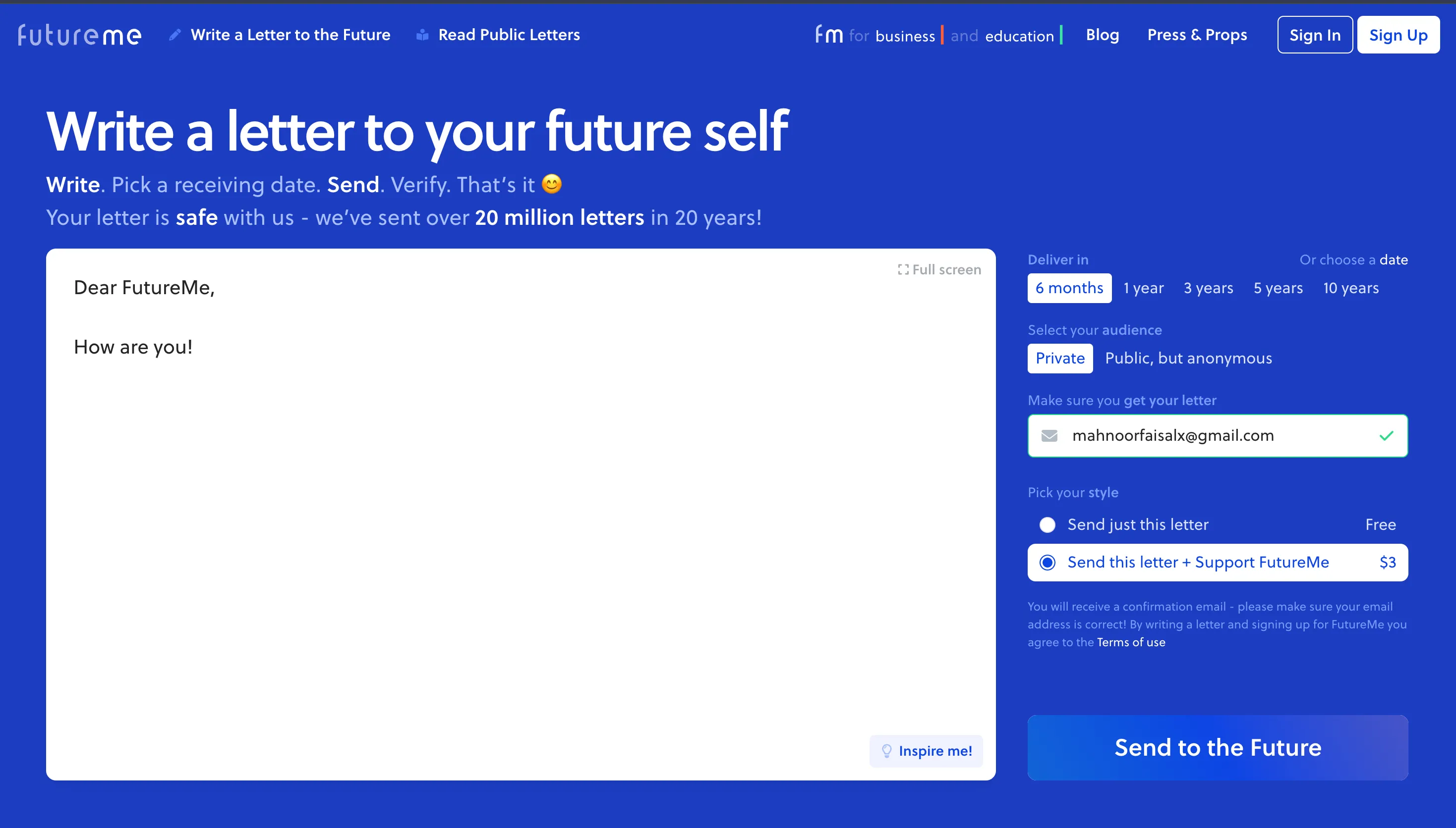Giao diện viết thư cho tương lai trên website FutureMe với các tùy chọn gửi.