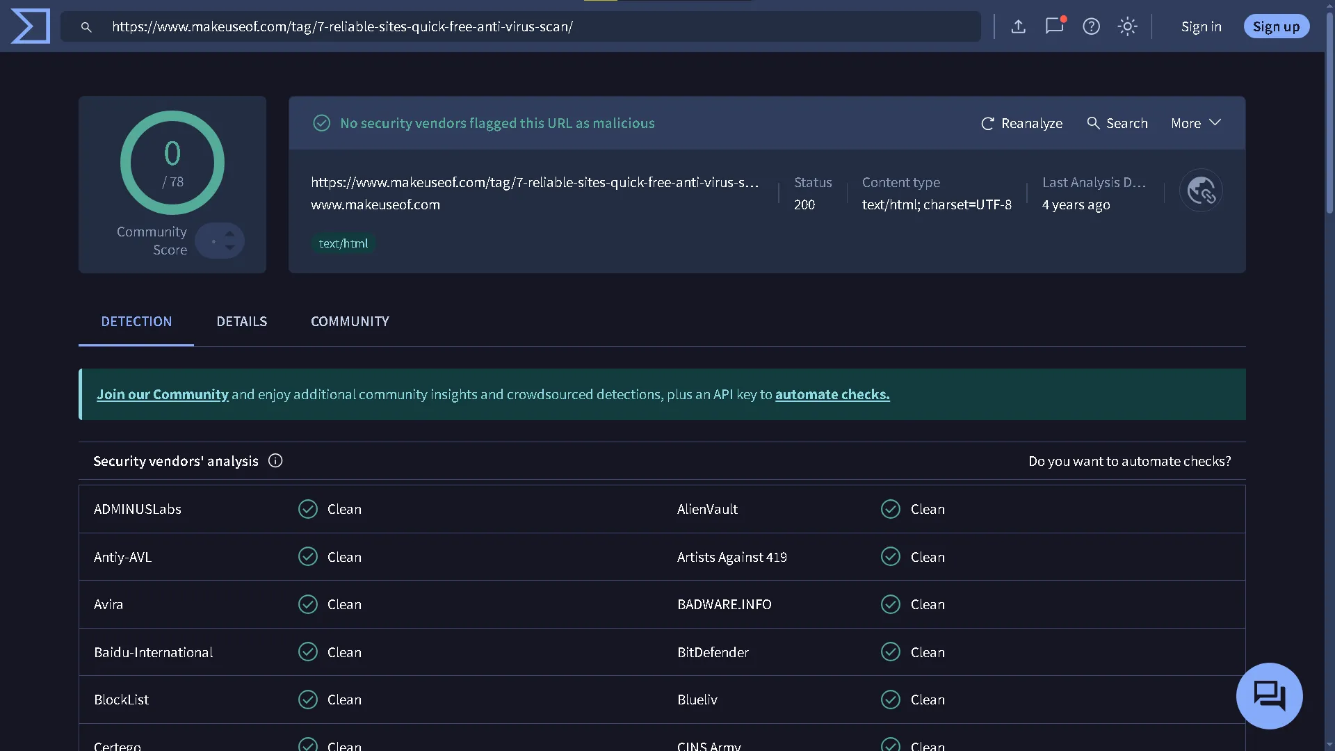 Giao diện VirusTotal đang quét một đường dẫn URL để kiểm tra sự tồn tại của mã độc hoặc các mối đe dọa.