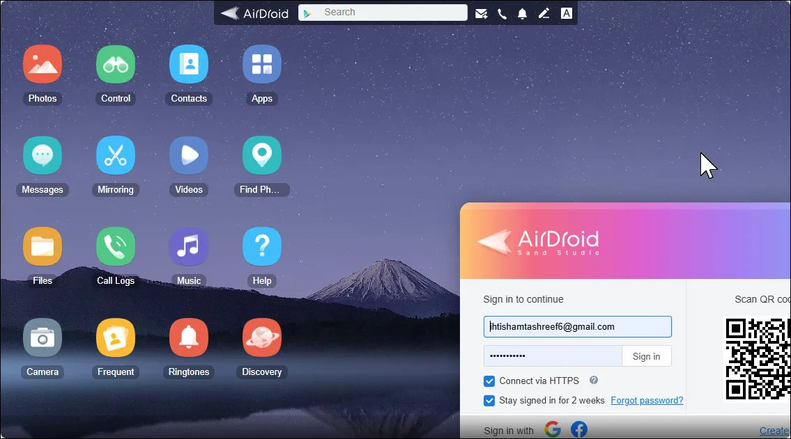 Giao diện web của AirDroid, cho phép người dùng điều khiển điện thoại Android từ xa qua trình duyệt.