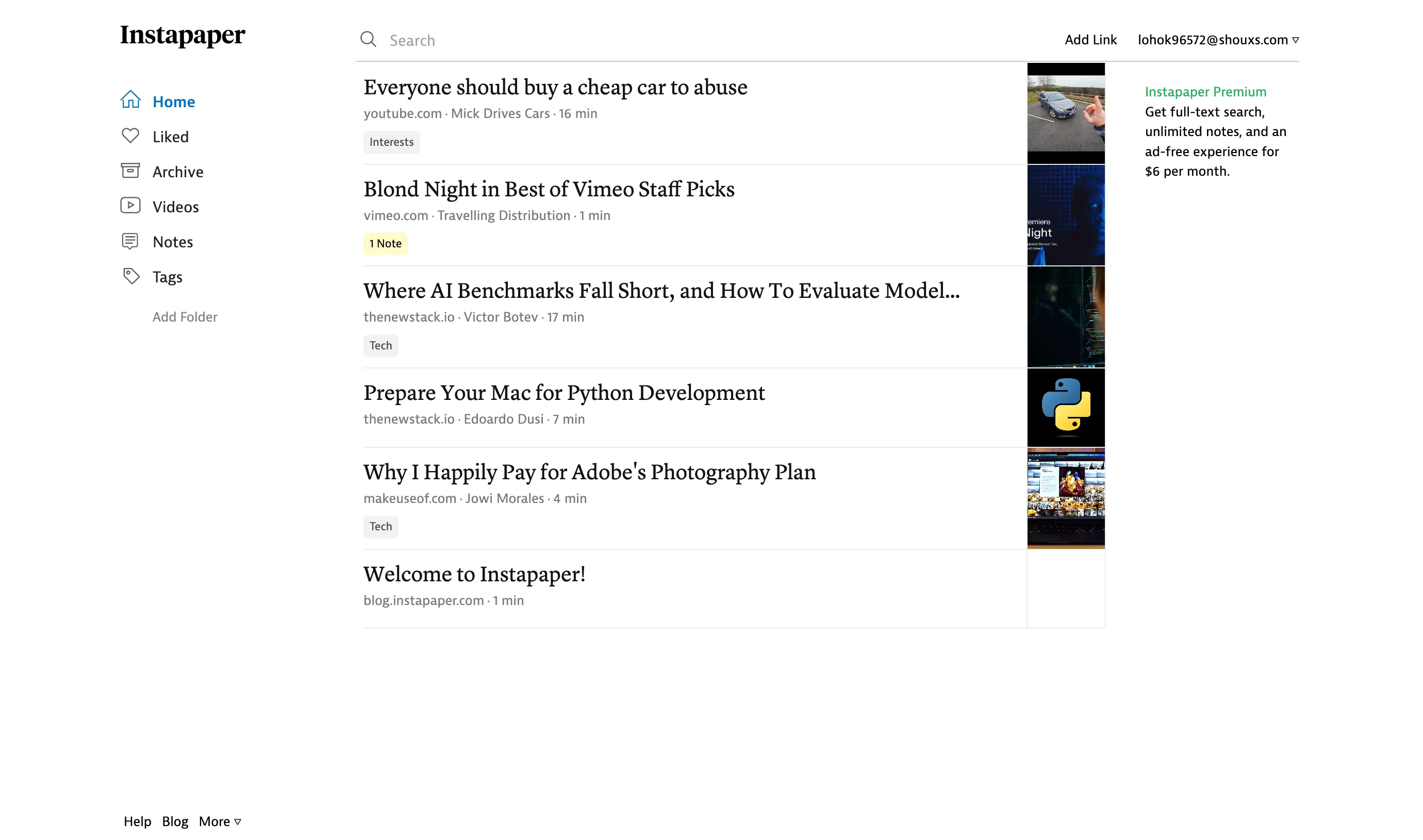 Giao diện web của ứng dụng đọc và quản lý bookmark Instapaper