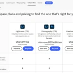 Giao diện website Adobe hiển thị các tùy chọn của gói Photography Plan, minh họa chi phí và lợi ích của việc đăng ký