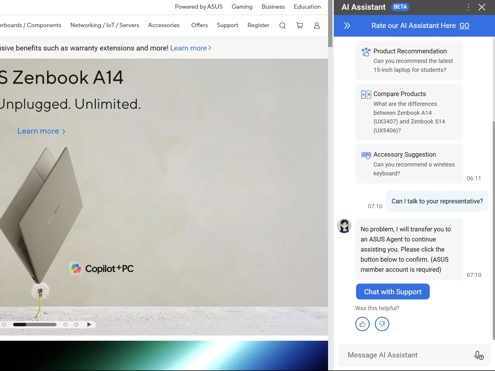 Giao diện website ASUS với cửa sổ chatbot hỗ trợ AI hiển thị ở góc dưới bên phải, minh họa cho sự phổ biến của chatbot trên các trang công nghệ